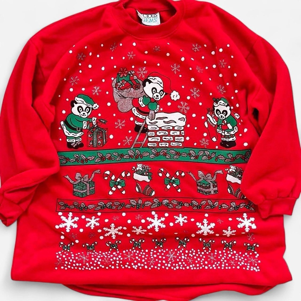 Vintage Precious Gems Red Christmas Panda Glitter Puffy Paint Holiday Pajamas OS